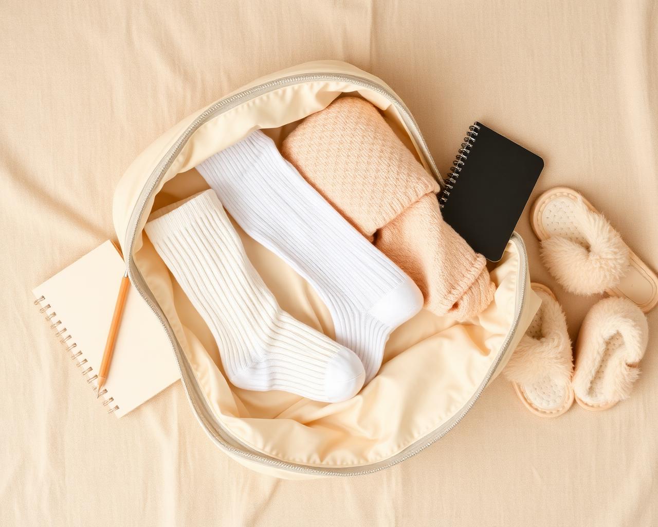 Hospital bag flat lay with folded maternity socks and slippers