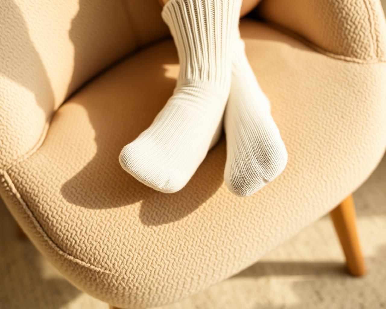 Cream maternity compression socks shown on feet resting on a soft chair