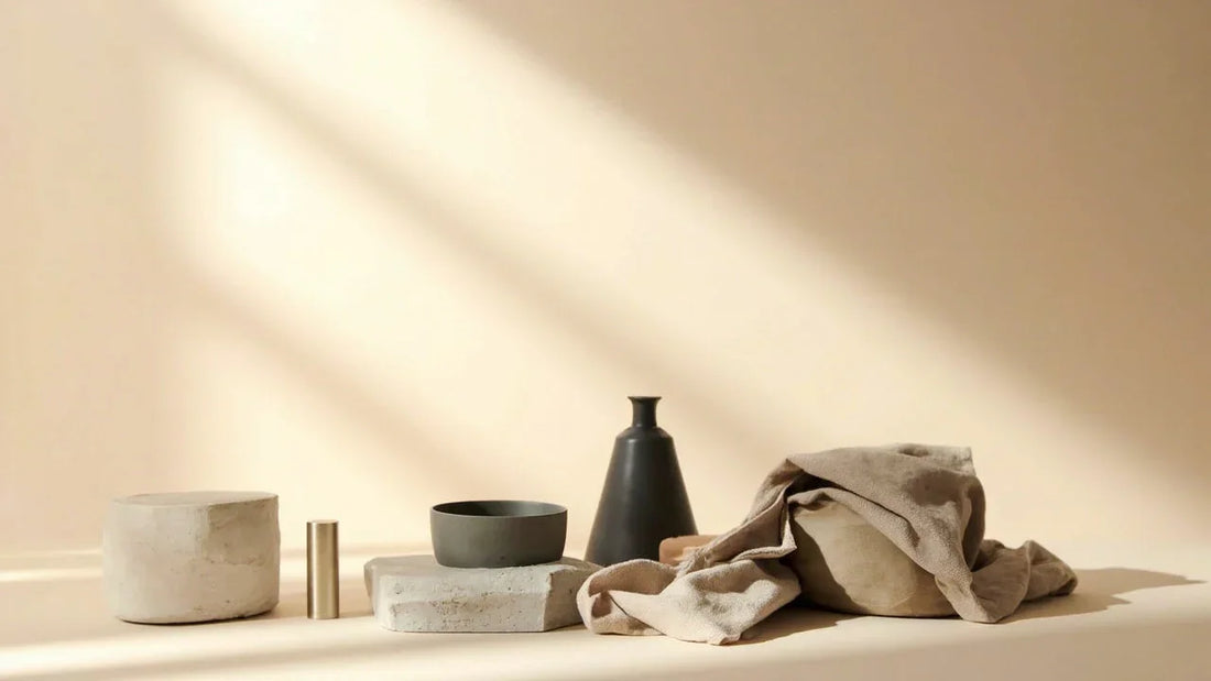 Minimalist neutral decor with stone blocks, black vase, bowl, and beige fabric in soft sunlight