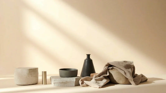 Minimalist neutral decor with stone blocks, black vase, bowl, and beige fabric in soft sunlight