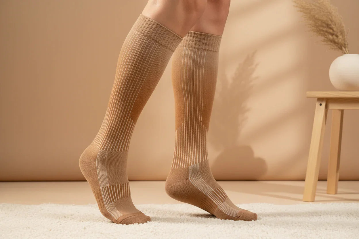 Maternity compression socks in light brown, modeled with a cozy, neutral background.